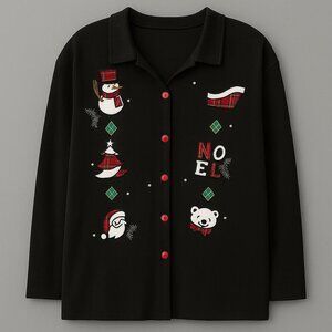 Planet & Company XL Black Christmas Sweater Santa Snowman Noel Plaid Appliqué